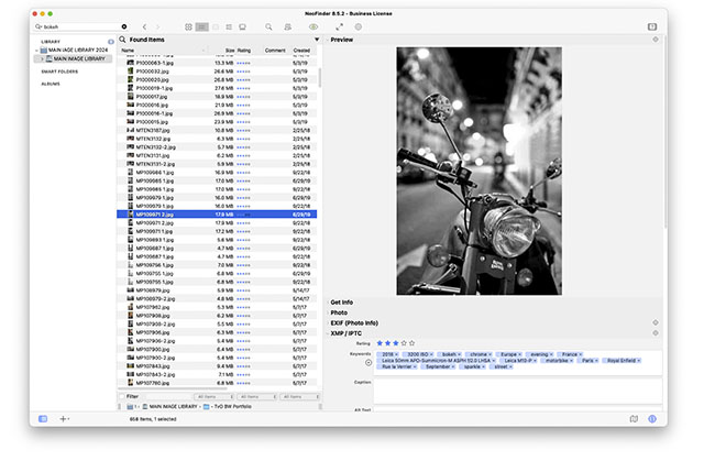 Simple: Shows the files that contain the keyword "bokeh". I can see camera, lens, date, file fixe and all, and I can update keywords by simply type in a keyword and hit Return. 
