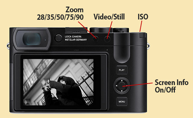 The pre-assigned buttons for controls on the Leica Q3 are set for zoom, video/still, and ISO. The center button turns off screen info (clean picture as in above), and another click turns on all information, histogram, etc.