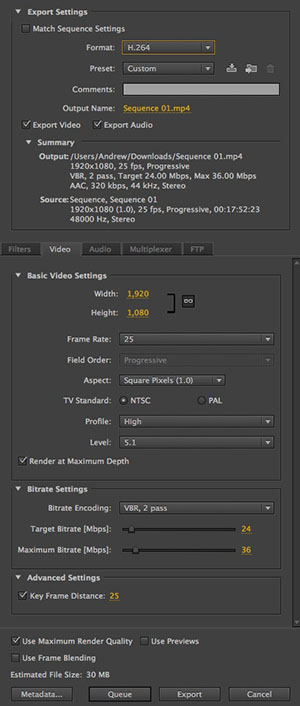 Adobe Premiere Pro CS6 export dialog box