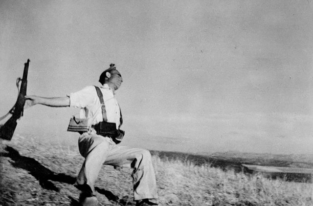 Robert Capa's famous photograph "Death of a loyalist militiaman" from the Córdoba front in Spain, September 1936.