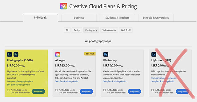 Don’t get the Lightroom plan alone as it is only the cloud-based version. 